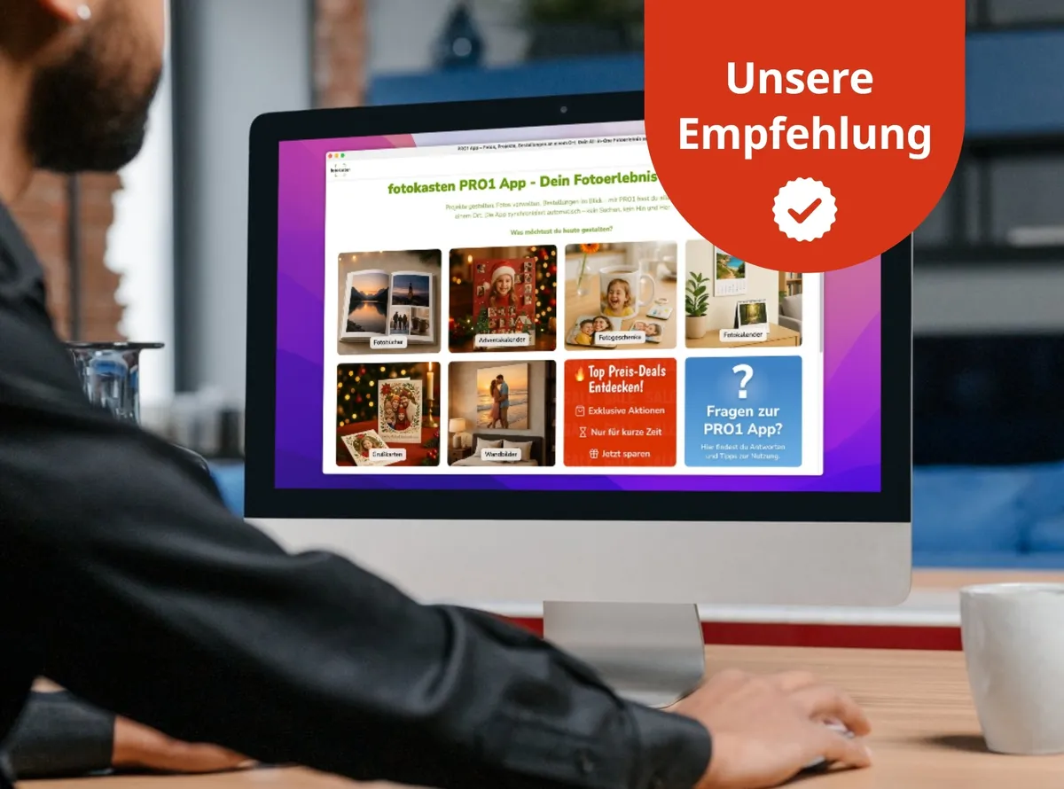 Monitor Mockup, auf dem das Startbild der PRO1 Desktop App zu sehen ist