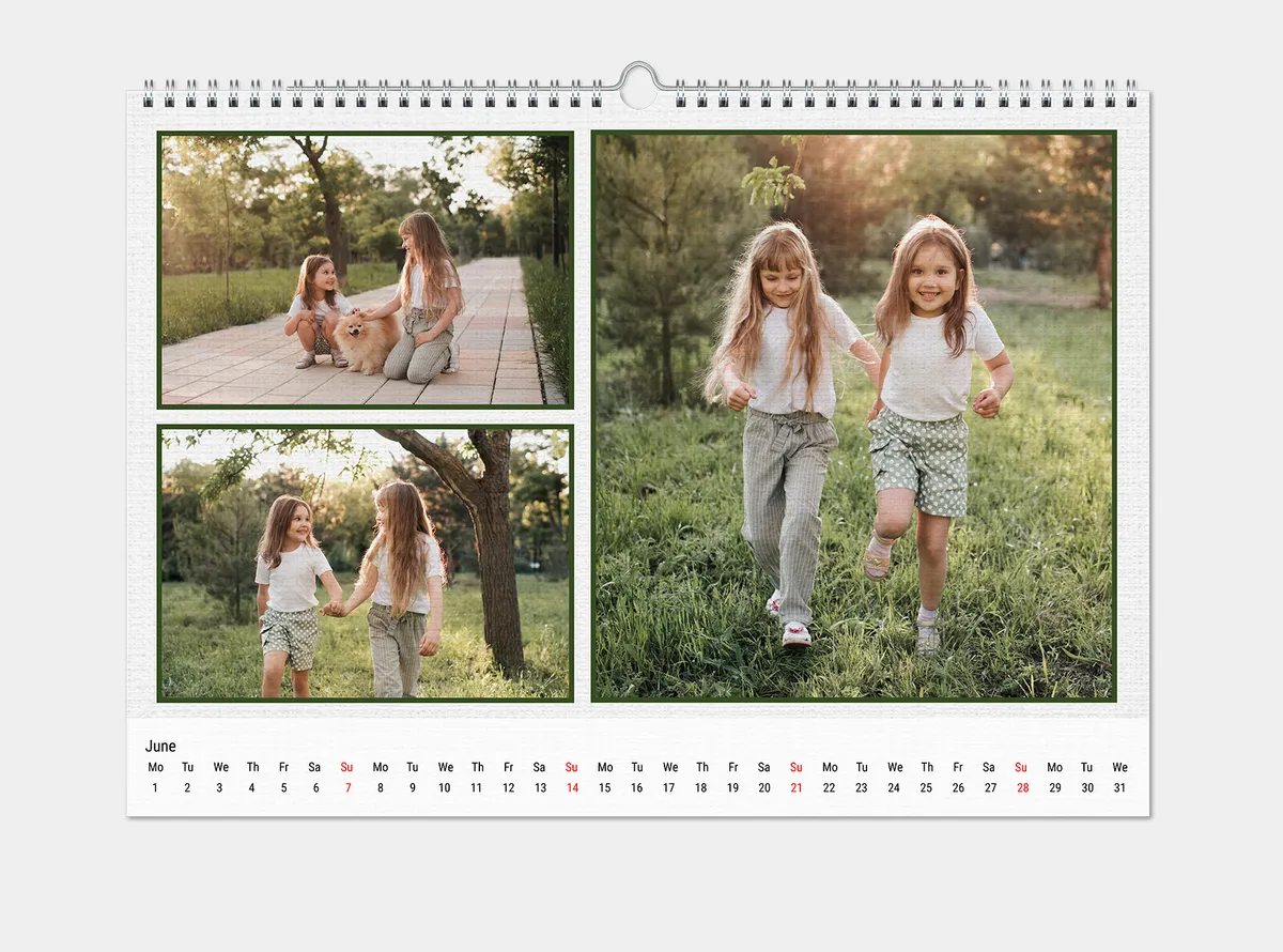 Wandkalender mit drei Bildern einer Frau auf Reisen