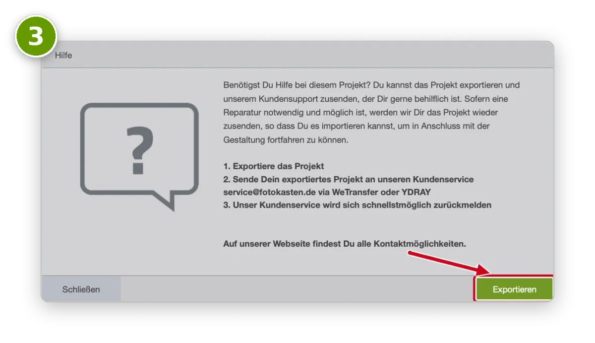 Klick auf den "Hilfe"-Button erfolgt in der Download Software