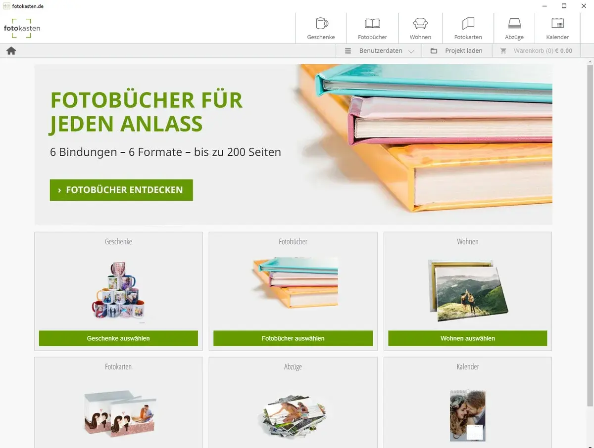 Auswahl der Fotoprodukte in der Software